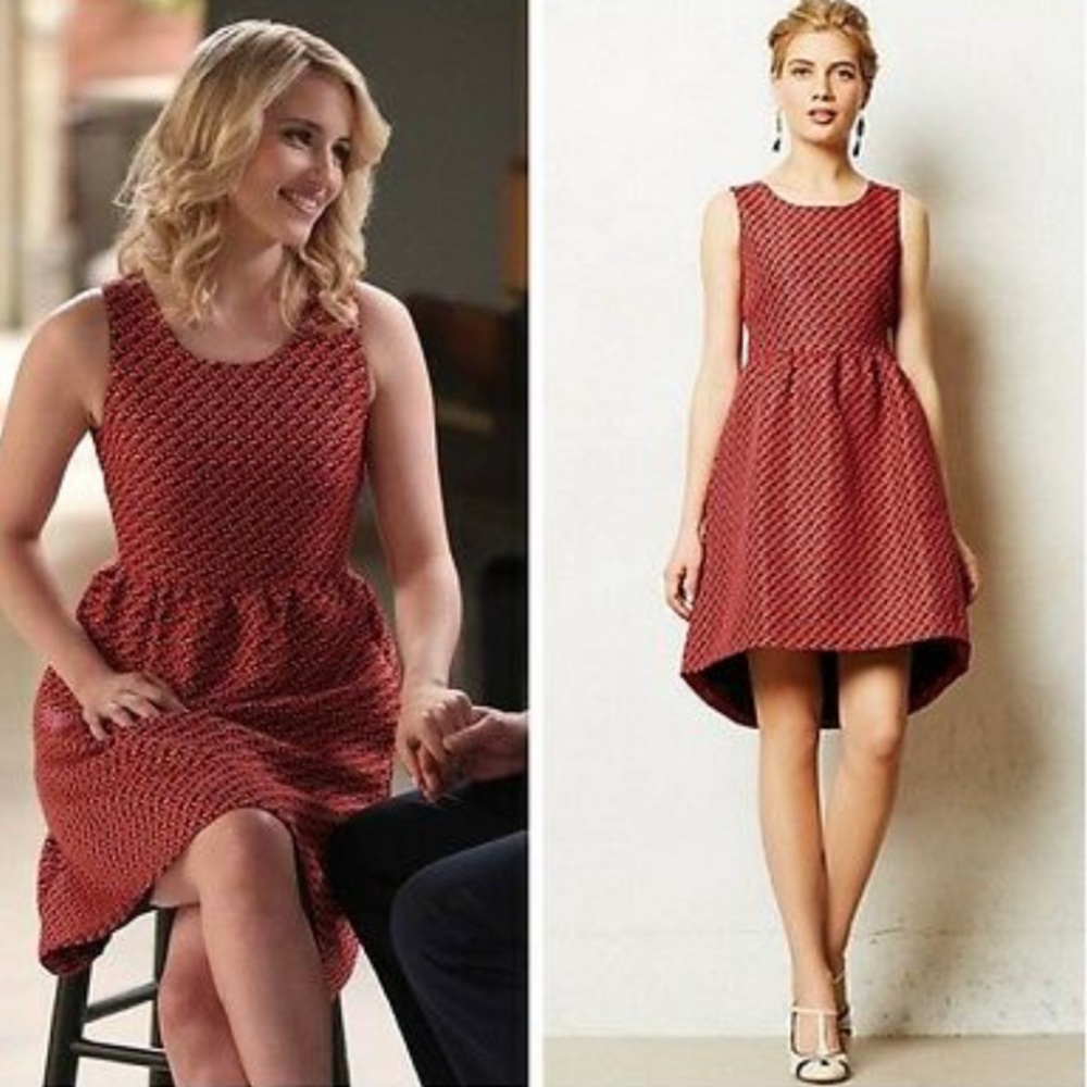 Anthropologie Lili Wang Red Geo Jacquard dress, size 0 - Picture 2 of 11